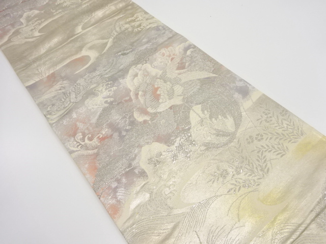 JAPANESE KIMONO / ANTIQUE FUKURO OBI / SILK / PLATINUM FOIL / WOVEN PHOENIX & FLOWER